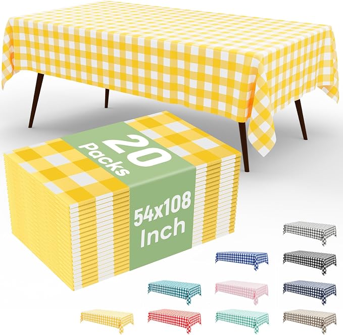 20 Packs Buffalo Disposable Table Cloth, 54 x 108 Inch Waterproof Plastic Tablecloth, Rectangle Yellow and White Checkered Table Covers for Picnic, Birthday, Party, Back to School