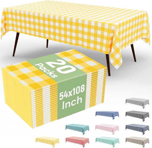 20 Packs Buffalo Disposable Table Cloth, 54 x 108 Inch Waterproof Plastic Tablecloth, Rectangle Yellow and White Checkered Table Covers for Picnic, Birthday, Party, Back to School
