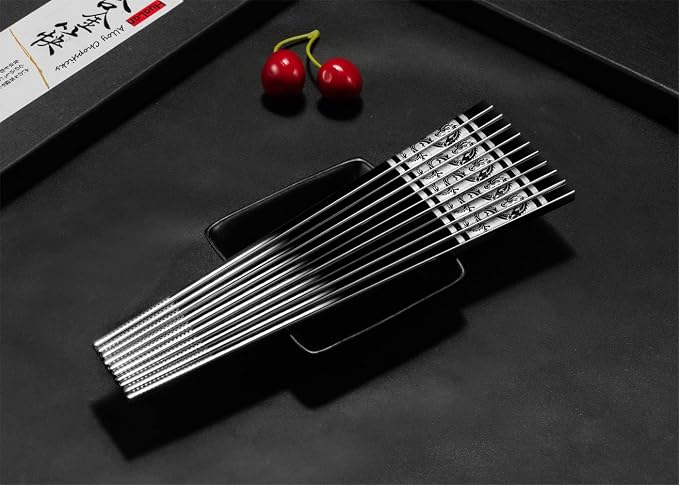 Metal Chopsticks ,Stainless Steel Non-Slip Design Chopsticks Reusable Dishwasher Safe Chop Sticks Laser Engraved Dragon Pattern 5 Pairs Gift Set