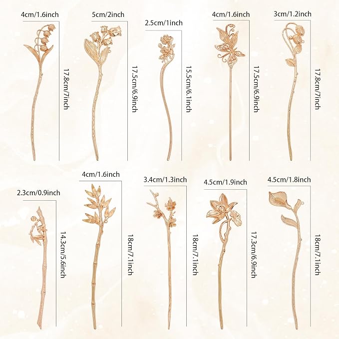 Lawie 10 Pack Gold Hair Sticks Flower Leaf Decorative Metal Long Hair Pins Bun Holders Chopsticks for Hair Chinese Hanfu Costume Retro Vintage Fancy Headpieces Accessories for Women Girls