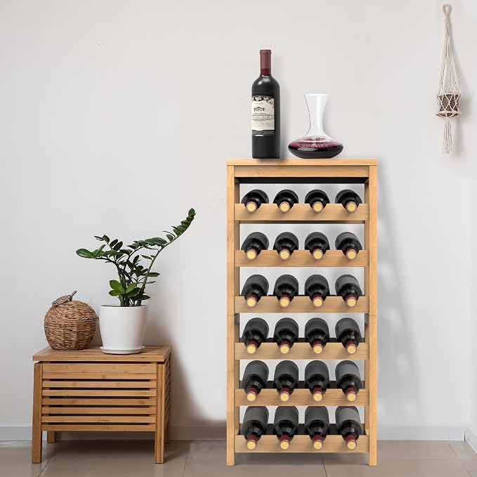 24 Botttle Wine Rack Freestanding Floor 6 Tier Bamboo Wine Rack Storage | 6 Tier Wine Rack Wine Storage Shelves for Kitchen Bar Dining Room Living Room Bamboo