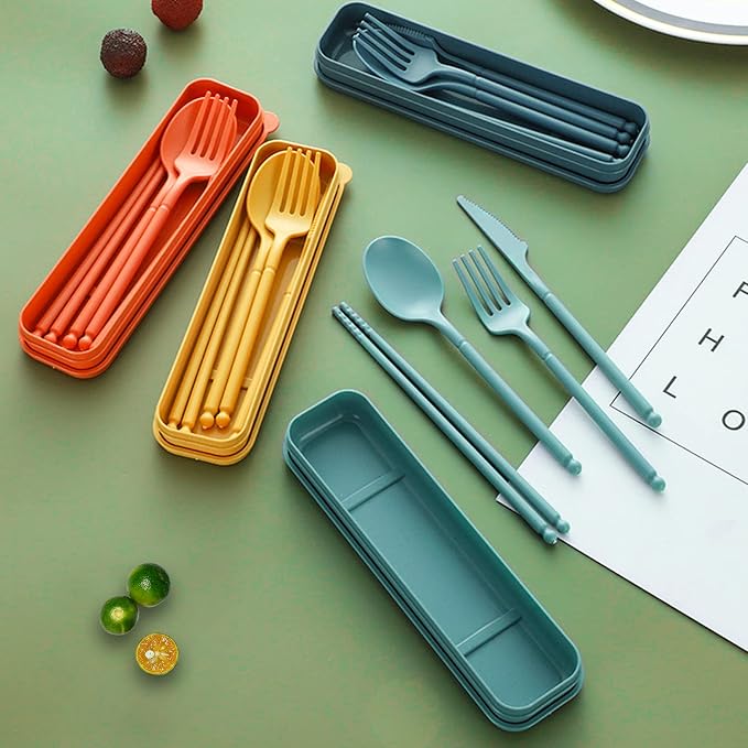 Camping Utensil Set, Reusable Utensils Set with Case, Plastic Cutlery Set Forks Spoon Tableware Chopsticks, Portable Cutlery Set for Travel Picnic Camping or Daily Use (Dark Green)