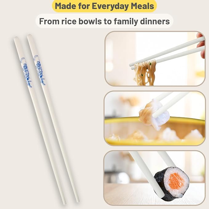 Porcelain Chopsticks Set of 5 Pairs, Reusable Bone Ceramic Chopsticks, Dishwasher Safe, Non-Slip Design, Elegant Gift Box for Family or Restaurant Use (peony)