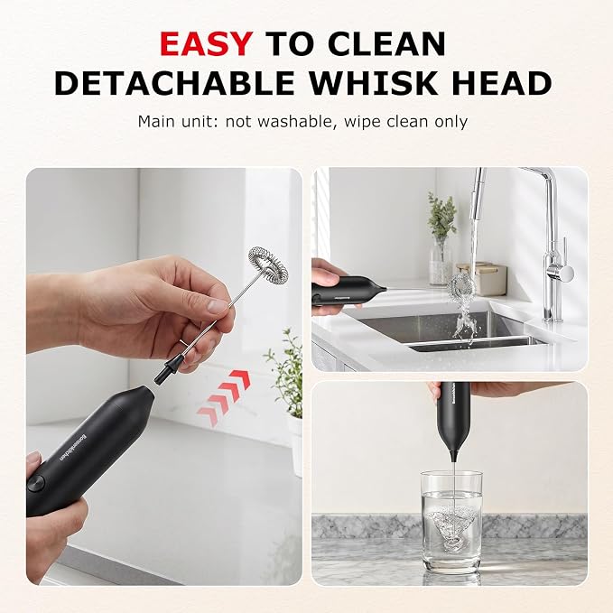 Bonsenkitchen Rechargeable Milk Frother Handheld, Electric Foam Maker with Stainless Steel Whisk, Charging USB-C, Portable Hand Wand Drink Mixer for Coffee Matcha Lattes Cappuccino, Kitchen Gifts