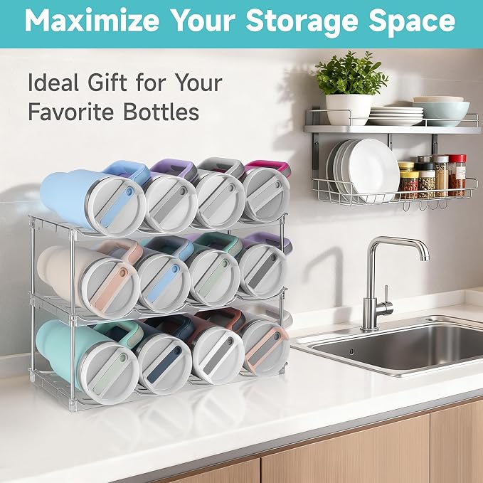 Stackable Water Bottle Organizer Large Compartment Water Bottle Holder | Tumbler Organizer for Stanley 40 oz Cup, Kitchen Cabinet Storage Organizer for Stanley Cup Accessories, 3 Tier Hold 12 Bottle