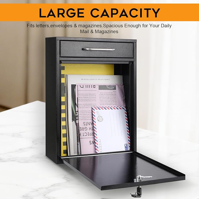 xydled Metal Mailbox Wall Mount, Large Locking Mailbox with Key Lock, Hanging Secure Postbox, Security Key Drop Box, Collection Boxes, Black, 17.6H x 12.2L x 5.7W Inches, XL Large