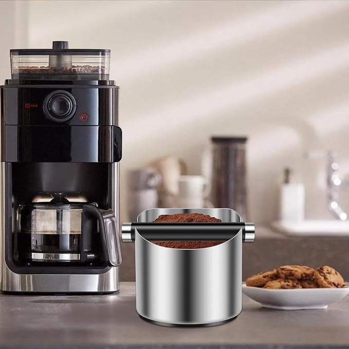 4.3Inch Coffee Knock Box, Stainless Steel Espresso Knock Box,Non Slip Beveled Coffee Ground Bin Large Espresso Dump Bin with Removable Knock Bar