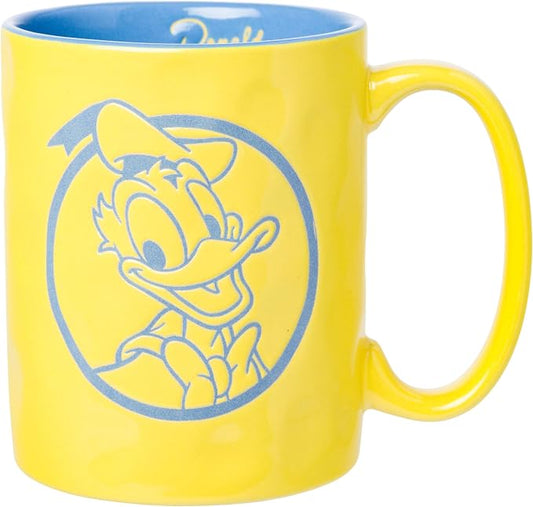 Silver Buffalo Disney Mickey and Friends Featuring Donald Duck Etched Engraved Wax Resist Handmade Ceramic Yellow and Blue Pottery Mug, 17 Ounces