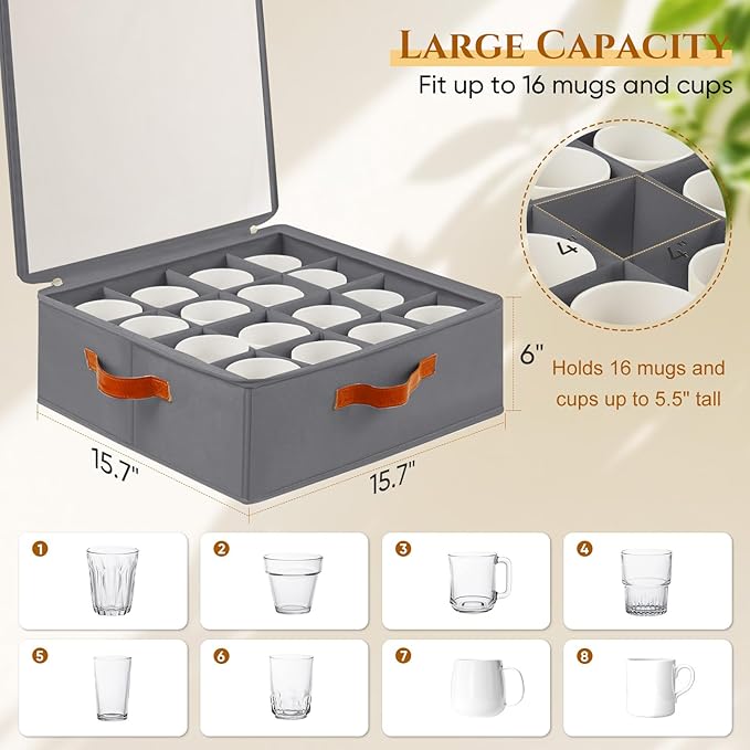 Foyego Cup and Mug Storage Box, Grey, 2 Pack | 32 Adjustable Dividers, Hard Shell, with Transparent Lid, 3 Handles, Zippers, Stackable Storage Organizers for Packing&Moving