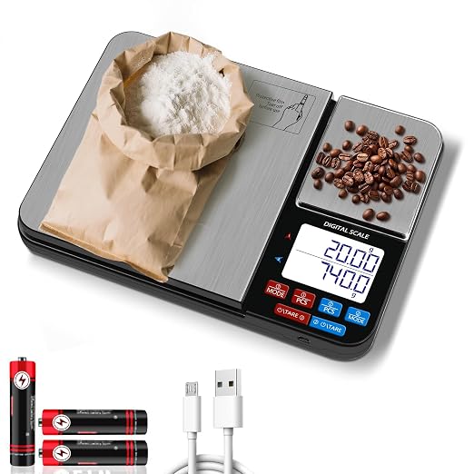Dual Platform Digital Kitchen Scale, USB Rechargeable, 11lbs/5kg with 0.1g Precision & 500g with 0.01g Precision, with Tare & Accumulation, for Baking, Cooking, Jewelry, and Weight Loss