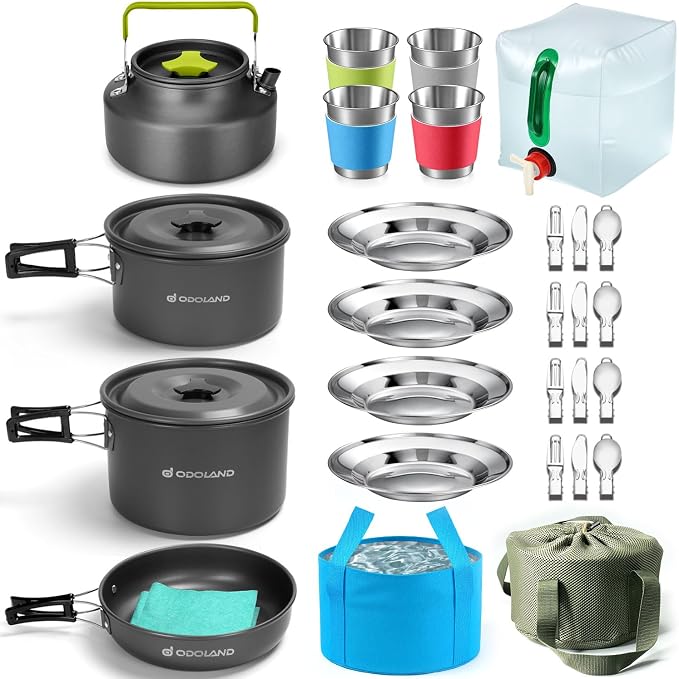 Odoland 29pcs Camping Cookware Mess Kit, Non-Stick Lightweight Pots Pan Kettle, Collapsible Water Container and Bucket, Stainless Steel Cups Plates Forks Knives Spoons for Outdoor Backpacking Picnic