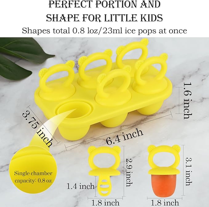 Sakolla Baby Popsicle Molds Mini 6-Cavity Silicone Ice Pop Mold with Sticks Breastmilk Popsicle Molds for Teething Relief Toddler Popsicle Mold for Ice Cream Frozen Yogurt and Fruit Juice (Yellow)