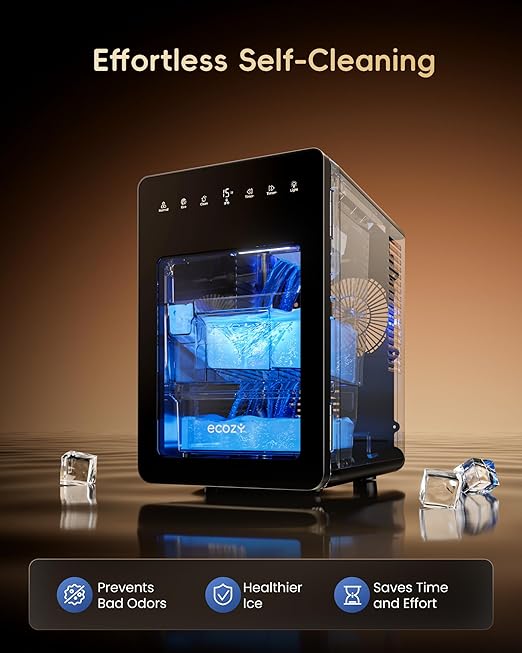 ecozy 2" Large Ice Cube Maker with CrystalFlux Technology, 2 pcs in 30 Mins with Eco Mode, 72 pcs/Day, 24H Timer, Clear Square Ice Machine with Self-Cleaning, Enhanced Insulation for Whiskey Bar | Square Ice 72 pcs / Day, Self-Cleaning for Whiskey Bar