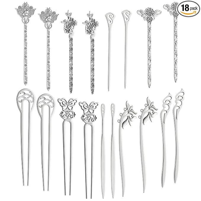 TUPARKA 18 PCS Silver Hair Sticks Vintage Hair Pins Chinese Women Hair Chopsticks Pins Retro Vintage Decorative for Hair Diy Accessory（9 Design）