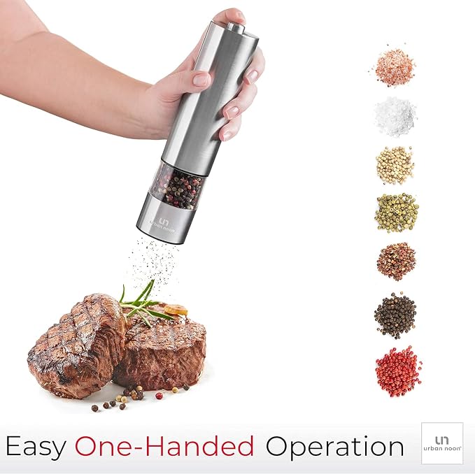 Urban Noon Electric Salt or Pepper Grinder Set (1 Mill, 8.1" Tall) - One-Handed Push-Button Mills with LED Light, Adjustable Ceramic Coarseness, Gift-Ready Box, 1-Year Warranty - Black