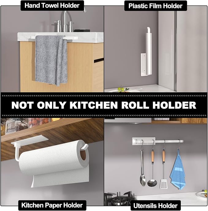 Paper Towel Holder - Self-Adhesive or Drilling, White | Under-Cabinet or Wall-Mounted | Kitchen Roll Dispenser | Upgraded Aluminum | Lighter Yet Stronger Than Stainless Steel