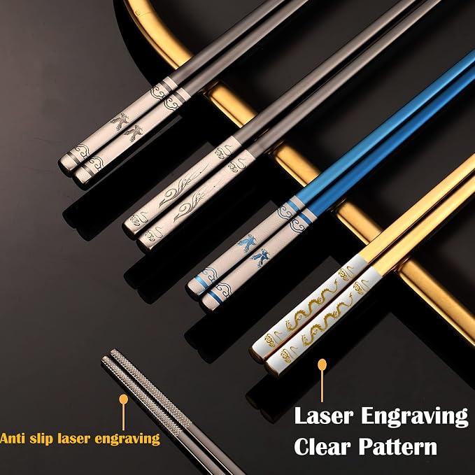 Travel Chopsticks with Case, Black Blue Eagle, 2 Pairs | Metal Stainless Steel, Titanium Plated, Reusable & Dishwasher Safe, For School, Home, Office, Outdoor, Bento Box Use