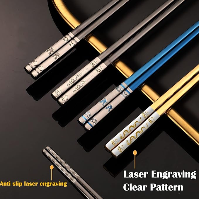 Stainless Steel Chopsticks with Case,Travel Chop Stick,1 Pair,Blue Eagle | Portable,Reusable,Metal,Titanium Plated,Come in a Set,Durable Case,Beginner friendly,for School,Home,Office,Bento Box
