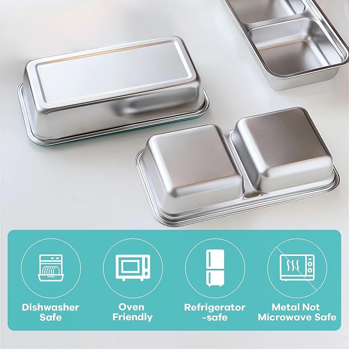 4Pcs 304 Stainless Steel Snack Containers, 2 Compartments Portable Food Storage Bento Boxes with Lids, Divided Meal Prep Lunch Box Food Container Dishwasher Safe
