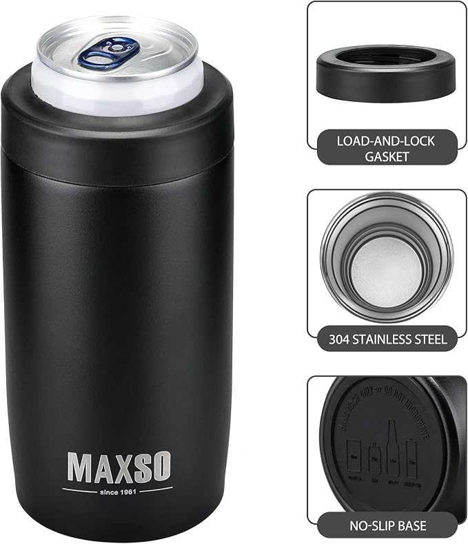 Maxso Slim Can Cooler, 4-in-1 Double Walled Stainless Steel Insulated Beer Can Holder, Works With All 12 Oz Cans,Bottles & As A Pint Cups - Matte Black