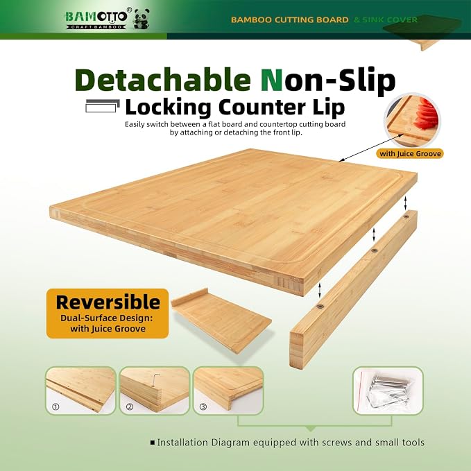 BAMOTTO CRAFTBAMBOO 12.6x22 Inch Bamboo Cutting Board, Over Sink | Detachable Non-Slip Front Lip | Reversible Dual Juice Grooves | Countertop Extension for Small Kitchen RV Camper Stove Cover