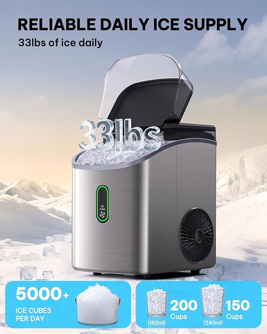 Silonn Nugget Ice Maker Countertop, Pebble Ice Maker with Soft Chewable Ice, One-Click Operation Ice Machine with Self-Cleaning, 33lbs/24H, Stainless Steel
