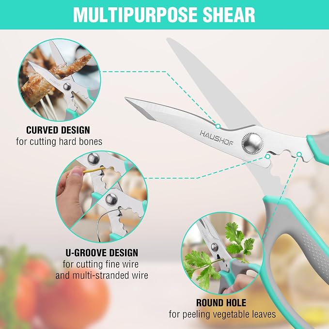 HAUSHOF Kitchen Scissors for Food, 8-1/4" Kitchen Scissors All Purpose | Heavy Duty Kitchen Shears, Sharp Stainless Steel Shears, Soft Grip, U-Groove, Food Scissors for Meat, Vegetables, Fine Bones