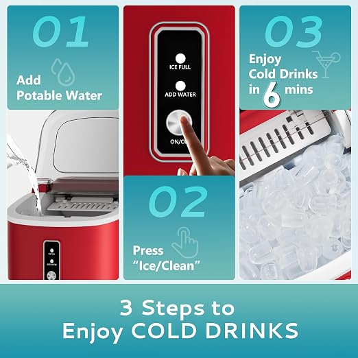 EUHOMY Countertop Ice Maker Machine with Handle, 26.5lbs Per Day, 9 Cubes in 6 Mins, Auto-Cleaning Portable Ice Maker with Basket and Scoop, for Home/Kitchen/Camping/RV (Red)
