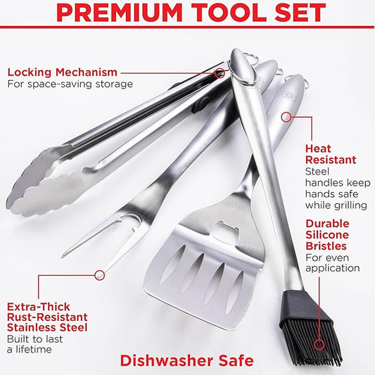 Alpha Grillers Grilling Accessories - Grilling Gifts for Men - BBQ Accessories Grill Tools Set with Spatula, Fork, Brush & Tongs - Outdoor Barbecue Utensils Gifts for Men Dad Him Boyfriend