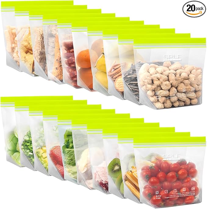 SPLF 20 Pack Reusable Sandwich Bags Dishwasher Microwave Safe | BPA Free Extra Thick Leakproof Reusable Food Storage Bags Silicone Free Quart Size Freezer Bags Containers