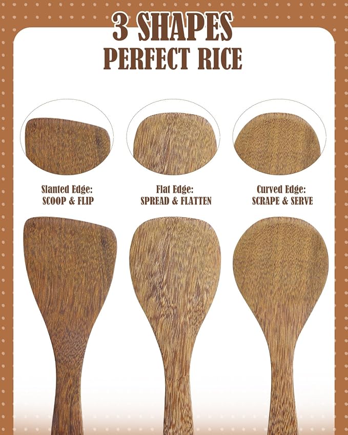 EORTA Set of 3 Wooden Rice Paddles, 8 Inch Rice Spoon Spatula & Scooper for Nonstick Cookware, Small Wooden Utensils for Kitchen Cooking, Slanted/Flat/Curved Food Spatula, 8.26 * 2.75inch