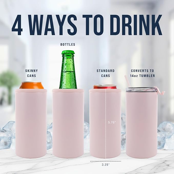 4 in 1 Universal Can Cooler - Light Pink, Can Holder Insulated, Beer Bottle Cooler, Universal Holder for All Drink Sizes, Stainless Steel Insulated Tumbler, Tailgating Accessories