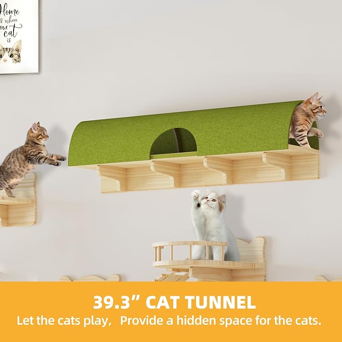 Cat Wall Shelves, 18-in-1 Cat Wall Furniture Set w/Tunnel & Bridge | Multi-Level Floating Cat Shelves for Space Saving, Solid Wood Cat Climbing System with Scratching Posts, 2 Condos, Burlywood