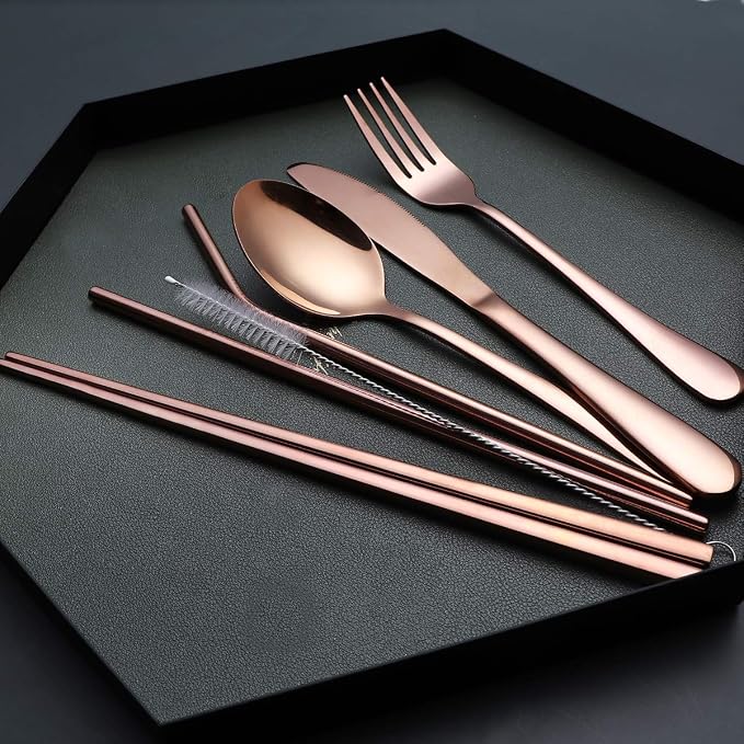 Portable Stainless Steel Flatware Set, Travel Camping Cutlery Set, Portable Utensil Travel Silverware Dinnerware Set with a Waterproof Case (Rose God)