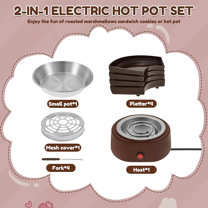 2 in 1 Smores Maker Tabletop Indoor Fondue Set, Smores Maker Tabletop Indoor Kit with Removable Trays & 4 Skewers Unique Couple Gift Set Idea, Parties, Date & Movie Night Supplies,Coffee Color