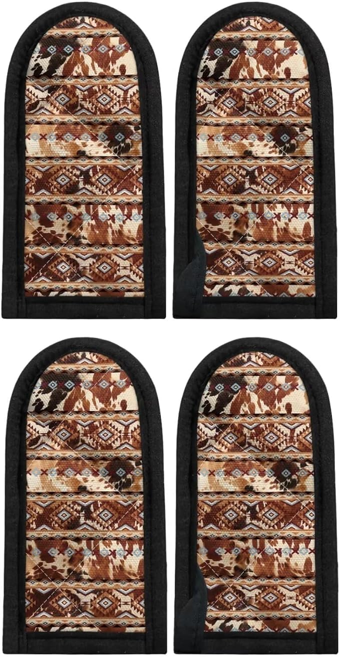 Coldinair 2 Pieces Hot Handle Covers Brown Cow Aztec Pot Sleeve Grip Sleeves Heat Resistant Cast Iron Skillet Handle Covers for Women Men Non-Slip Handle Mitts for Kitchen Baking Cooking BBQ Cookwares