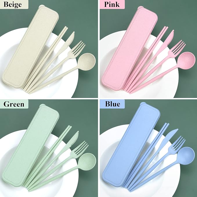 DISSKNIC 4 Sets Travel Utensils with Case, Cutlery Set Chopsticks Fork Spoon Knife with Case, Reusable Plastic Utensils Sets for Lunch Box Accessories,Portable Lunch Box Utensils Set for Daily Use