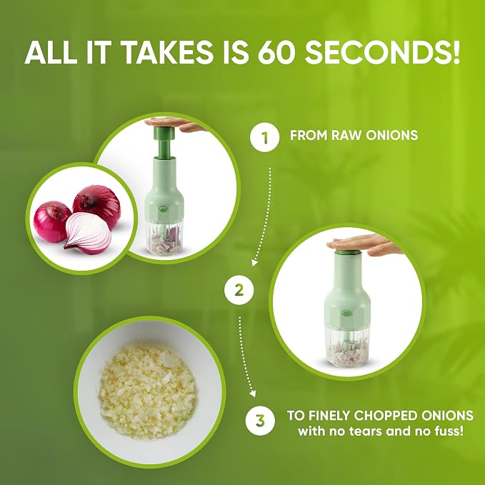 Brieftons Express Small Manual Food Chopper, 2-Cup: Hand Chopper with Container, Push-Down Pump Onion Chopper, Garlic Chopper, Green Veggie Cutter for Salsa, Salad, Coleslaw, Baby Food, Indian Cooking