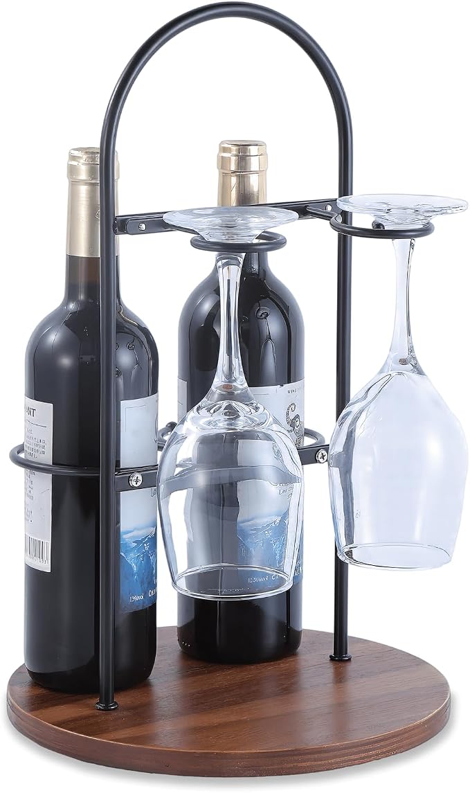 Wine Bottle and Glass Holder for Countertop | Small Wine Rack for 2 Bottles & 2 Glasses | Modern Tabletop Wine Storage with Round Wood Base | Freestanding Wine Stand & Caddy for Home Bar (Black)