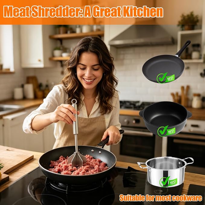 304 Stainless Steel Meat Masher 11 Inch 6 Blade | Ground Beef Chopper Tool Hamburger Smasher for Potato Chicken Puree, Heavy Duty Food Grade Mixer Utensil for Home Meal Prep