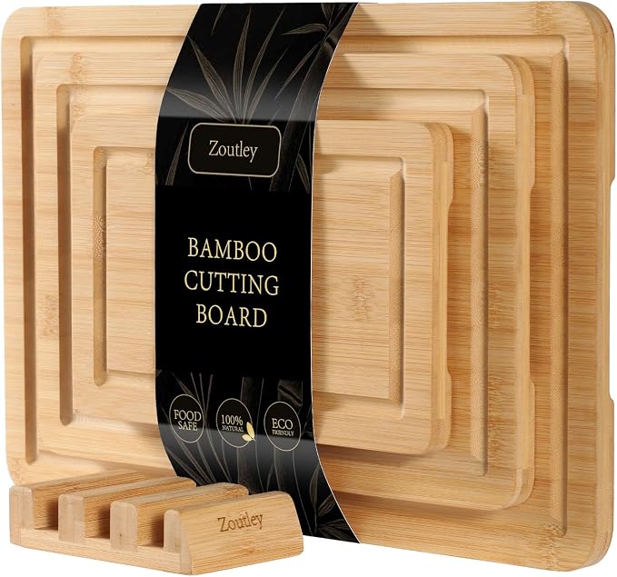 Bamboo Cutting Board Set of 3 with Stand | Natural Sustainable Wood Chopping Boards for Kitchen | Mess-Free Juice Grooves & Comfortable Side Handles | Gentle on Knife Blades, Durable