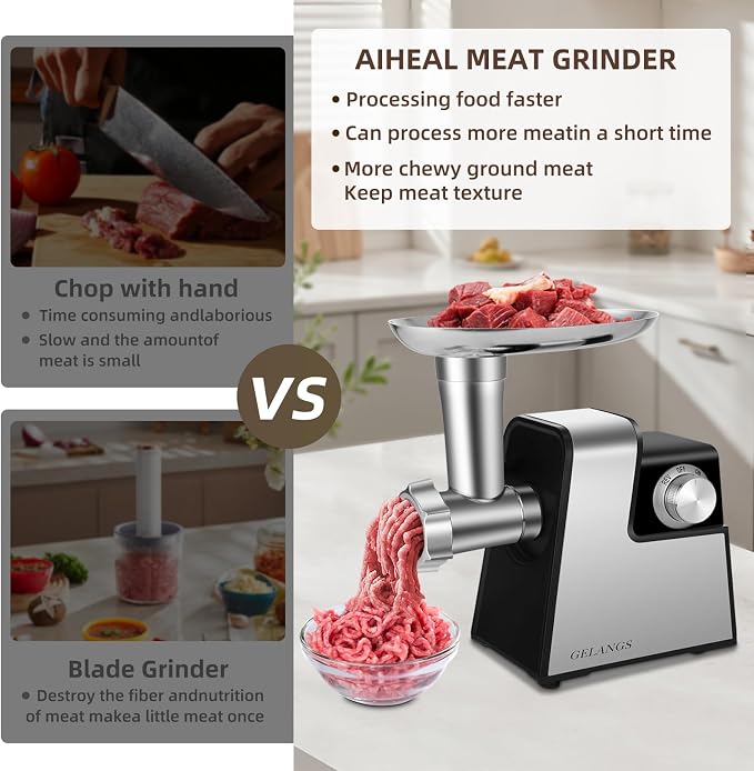 Electric Meat Grinder, 350W （MAX2800W）Heavy Duty Stainless Steel Food Grinder with Sausage Stuffer Tubes & Kubbe Kit, 3 Grinding Plates for Home Kitchen Use