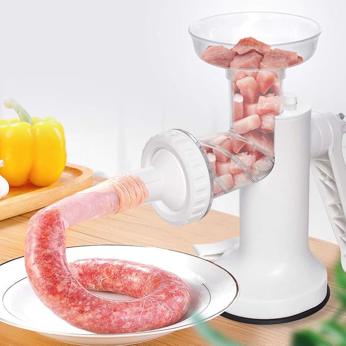 Manual Meat Grinder, Heavy Duty Meat Mincer Sausage Stuffer,Hand Grinder with Stainless Steel Blades for Meat, Sausage, Cookies, Easy to Clean(3 in 1,White)