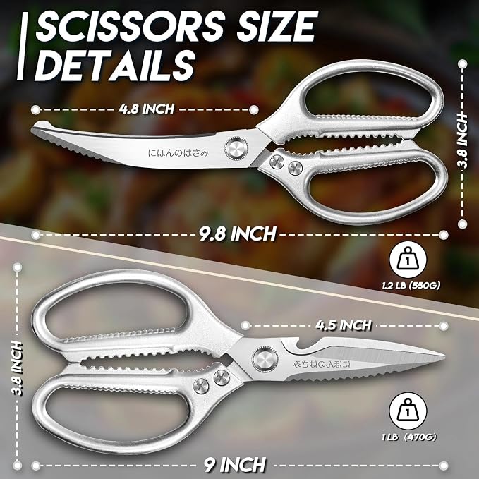 TIJERAS Kitchen Scissors Shears Set - 2PCS Stainless Steel Sharp | Meat & Heavy Duty Poultry Sharp Shears, Dishwasher Safe, Japanese Cooking Scissor for Food Chicken, Gifts for Women, Silver