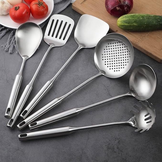 Stainless Steel Kitchen Cooking Utensils Set 6 PCS Dishwasher Safe | Food-grade 304, All Metal, 12-13.6", Wok Spatula, Ladle, Skimmer, Slotted Spatula Turner, Spaghetti Spoon, Large Spoon