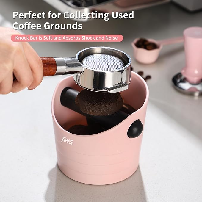 Pink Espresso Knock Box - Bincoo Pink Espresso Machine Knock Box/Espresso Grounds Knock Box, Barista Style Coffee Knock Box for Grounds with Removable Shock-Absorbent Knock Bar and Anti-Slip Base.