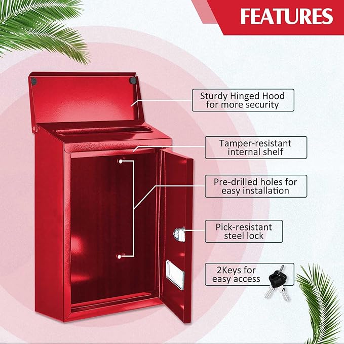 Amylove Weatherproof Mail Boxes with Key Lock, Security Locking Wall Mount Metal Mailbox with Slot for Outside, Large Capacity for Mail, Packages, Donations, Voting 11.8" H x 8.3" L x 2.8" W, Red
