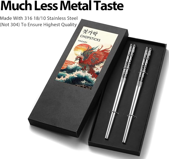 Phoenix Chopsticks Metal Reusable Designed In Korea Japanese Style Stainless Steel 316 18/10 Non-Slip Dishwasher Safe Laser Etched (Black - 2 Pairs)
