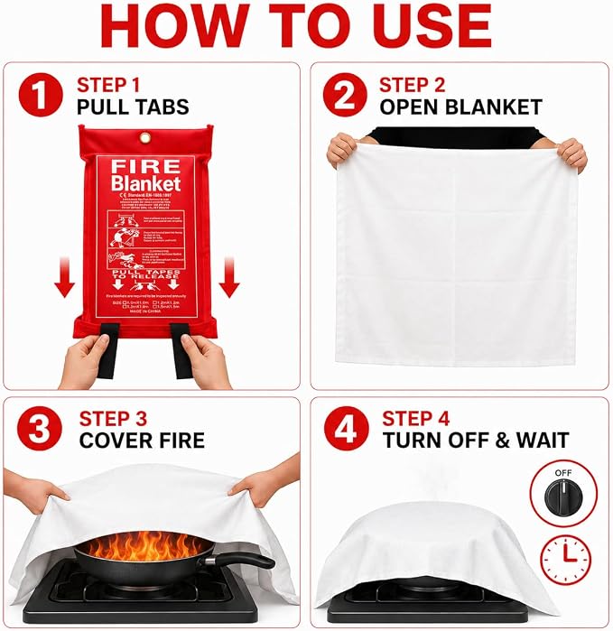 4 Pack,40"x40",Emergency Fiberglass Fire Blanket,Fire Suppression,Hooks | Easy Pull Tabs,No Mess After Use,No Expiration,Quick Emergency Response,Compact,Reusable,Kitchen,Grill,Camping,RV,Home,Garage