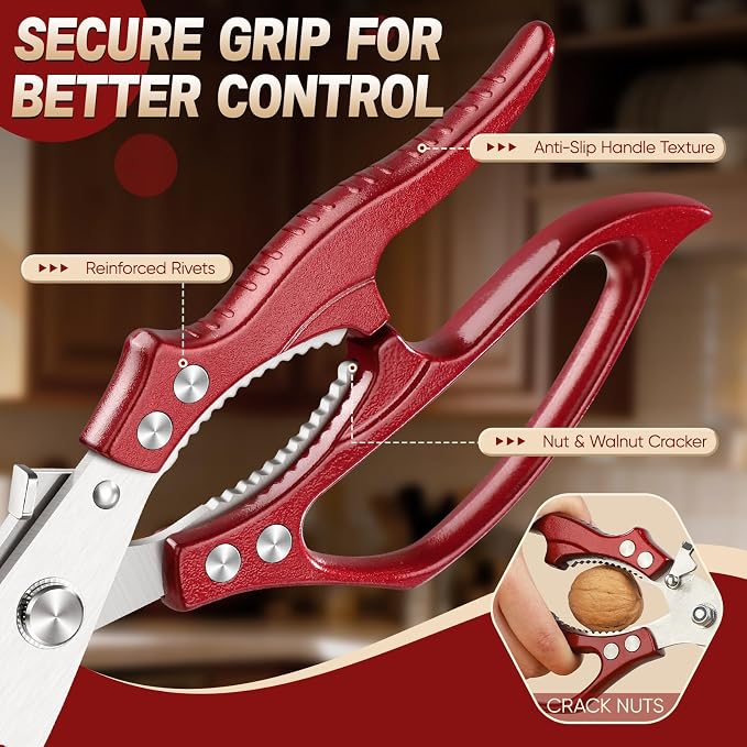 Freelander Poultry Shears Set Red - All Purpose Heavy Duty Kitchen Shears | Japanese Kitchen Scissors for Food, Chicken, Meat, Fish, Vegetables with Ergonomic Non-Slip Handle, Gifts for Women Men